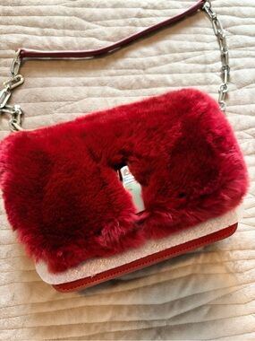Cavalli Class Red Faux Fur Accent Crossbody Bag with Chain Strap